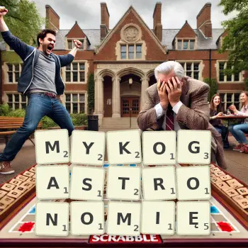 Kreatywna ilustracja do gry w Scrabble ze słowem MYKOGASTRONOMIĘ ułożonym z płytek na planszy.