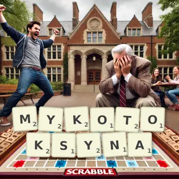 Kreatywna ilustracja do gry w Scrabble ze słowem MYKOTOKSYNA ułożonym z płytek na planszy.