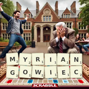 Kreatywna ilustracja do gry w Scrabble ze słowem MYRIANGOWIEC ułożonym z płytek na planszy.