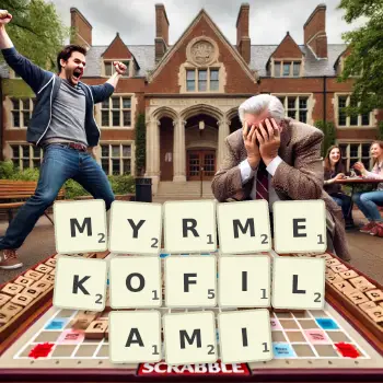 Kreatywna ilustracja do gry w Scrabble ze słowem MYRMEKOFILAMI ułożonym z płytek na planszy.