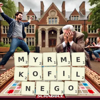 Kreatywna ilustracja do gry w Scrabble ze słowem MYRMEKOFILNEGO ułożonym z płytek na planszy.