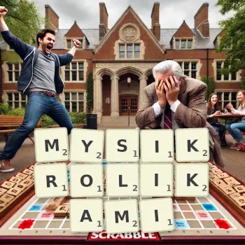 Kreatywna ilustracja do gry w Scrabble ze słowem MYSIKROLIKAMI ułożonym z płytek na planszy.