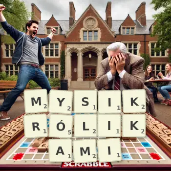 Kreatywna ilustracja do gry w Scrabble ze słowem MYSIKRÓLIKAMI ułożonym z płytek na planszy.