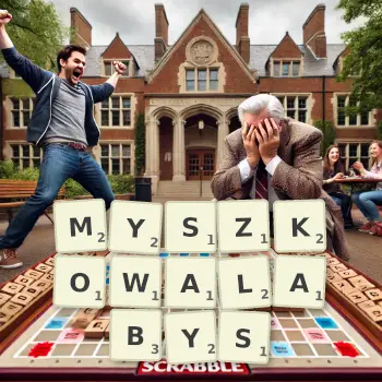 Kreatywna ilustracja do gry w Scrabble ze słowem MYSZKOWALABYS ułożonym z płytek na planszy.