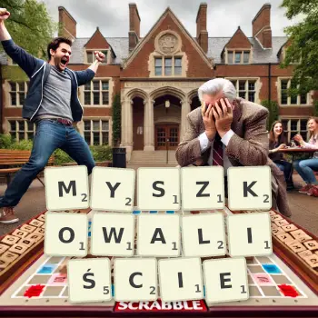 Kreatywna ilustracja do gry w Scrabble ze słowem MYSZKOWALIŚCIE ułożonym z płytek na planszy.