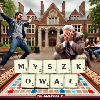 Kreatywna ilustracja do gry w Scrabble ze słowem MYSZKOWAŁ ułożonym z płytek na planszy.