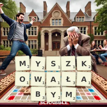 Kreatywna ilustracja do gry w Scrabble ze słowem MYSZKOWAŁABYM ułożonym z płytek na planszy.