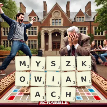 Kreatywna ilustracja do gry w Scrabble ze słowem MYSZKOWIANACH ułożonym z płytek na planszy.