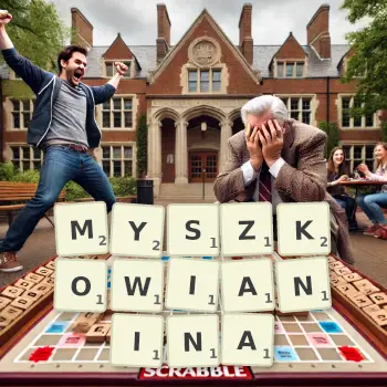 Kreatywna ilustracja do gry w Scrabble ze słowem MYSZKOWIANINA ułożonym z płytek na planszy.