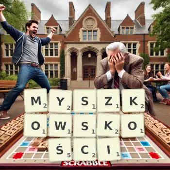 Kreatywna ilustracja do gry w Scrabble ze słowem MYSZKOWSKOŚCI ułożonym z płytek na planszy.