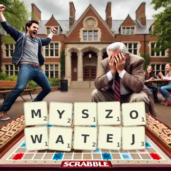 Kreatywna ilustracja do gry w Scrabble ze słowem MYSZOWATEJ ułożonym z płytek na planszy.