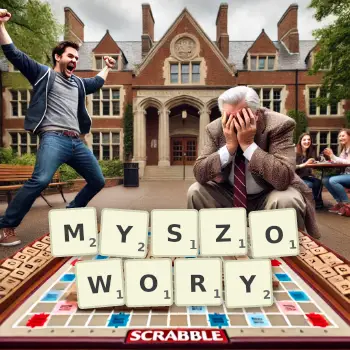 Kreatywna ilustracja do gry w Scrabble ze słowem MYSZOWORY ułożonym z płytek na planszy.