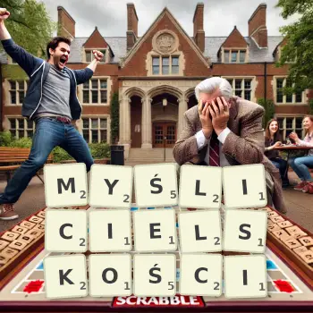 Kreatywna ilustracja do gry w Scrabble ze słowem MYŚLICIELSKOŚCI ułożonym z płytek na planszy.