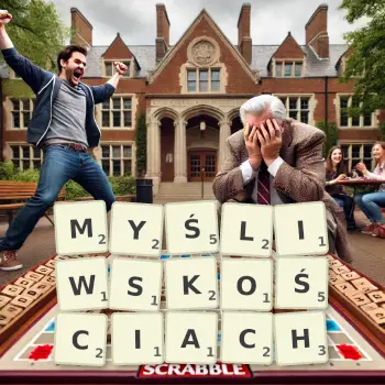Kreatywna ilustracja do gry w Scrabble ze słowem MYŚLIWSKOŚCIACH ułożonym z płytek na planszy.