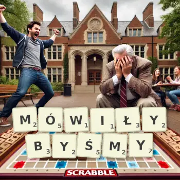Kreatywna ilustracja do gry w Scrabble ze słowem MÓWIŁYBYŚMY ułożonym z płytek na planszy.