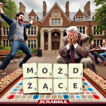 Kreatywna ilustracja do gry w Scrabble ze słowem MÓŻDŻĄCE ułożonym z płytek na planszy.