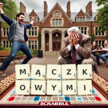 Kreatywna ilustracja do gry w Scrabble ze słowem MĄCZKOWYMI ułożonym z płytek na planszy.