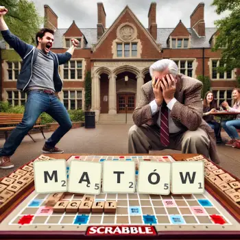 Kreatywna ilustracja do gry w Scrabble ze słowem MĄTÓW ułożonym z płytek na planszy.