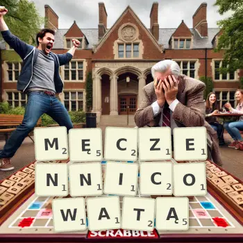 Kreatywna ilustracja do gry w Scrabble ze słowem MĘCZENNICOWATĄ ułożonym z płytek na planszy.