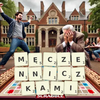 Kreatywna ilustracja do gry w Scrabble ze słowem MĘCZENNICZKAMI ułożonym z płytek na planszy.
