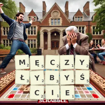 Kreatywna ilustracja do gry w Scrabble ze słowem MĘCZYŁYBYŚCIE ułożonym z płytek na planszy.
