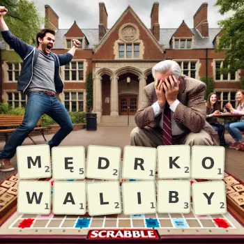 Kreatywna ilustracja do gry w Scrabble ze słowem MĘDRKOWALIBY ułożonym z płytek na planszy.