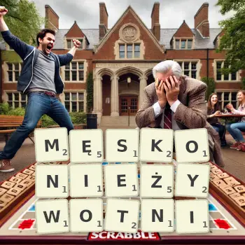 Kreatywna ilustracja do gry w Scrabble ze słowem MĘSKONIEŻYWOTNI ułożonym z płytek na planszy.