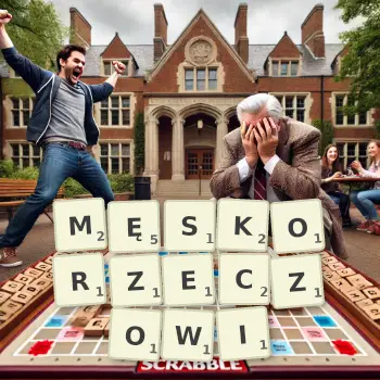 Kreatywna ilustracja do gry w Scrabble ze słowem MĘSKORZECZOWI ułożonym z płytek na planszy.