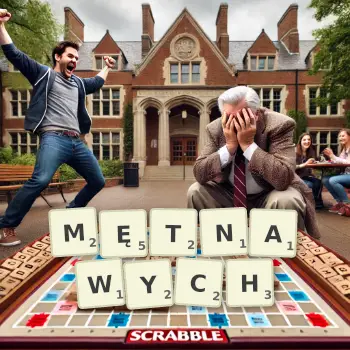 Kreatywna ilustracja do gry w Scrabble ze słowem MĘTNAWYCH ułożonym z płytek na planszy.