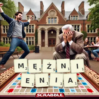 Kreatywna ilustracja do gry w Scrabble ze słowem MĘŻNIENIA ułożonym z płytek na planszy.