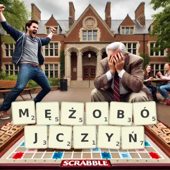 Kreatywna ilustracja do gry w Scrabble ze słowem MĘŻOBÓJCZYŃ ułożonym z płytek na planszy.
