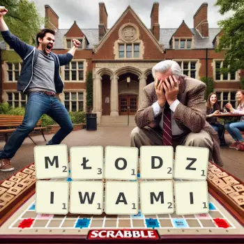 Kreatywna ilustracja do gry w Scrabble ze słowem MŁODZIWAMI ułożonym z płytek na planszy.