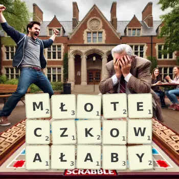 Kreatywna ilustracja do gry w Scrabble ze słowem MŁOTECZKOWAŁABY ułożonym z płytek na planszy.