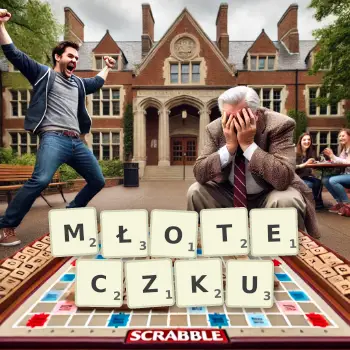 Kreatywna ilustracja do gry w Scrabble ze słowem MŁOTECZKU ułożonym z płytek na planszy.