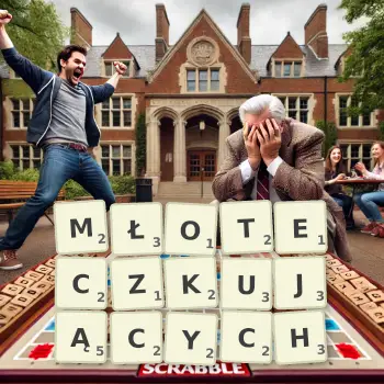 Kreatywna ilustracja do gry w Scrabble ze słowem MŁOTECZKUJĄCYCH ułożonym z płytek na planszy.