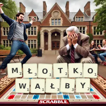Kreatywna ilustracja do gry w Scrabble ze słowem MŁOTKOWAŁBY ułożonym z płytek na planszy.