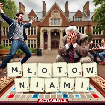 Kreatywna ilustracja do gry w Scrabble ze słowem MŁOTOWNIAMI ułożonym z płytek na planszy.