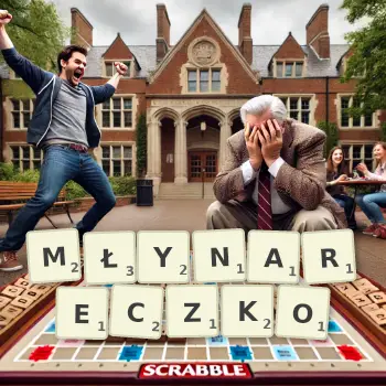 Kreatywna ilustracja do gry w Scrabble ze słowem MŁYNARECZKO ułożonym z płytek na planszy.