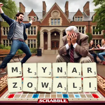 Kreatywna ilustracja do gry w Scrabble ze słowem MŁYNARZOWALI ułożonym z płytek na planszy.