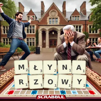 Kreatywna ilustracja do gry w Scrabble ze słowem MŁYNARZOWY ułożonym z płytek na planszy.