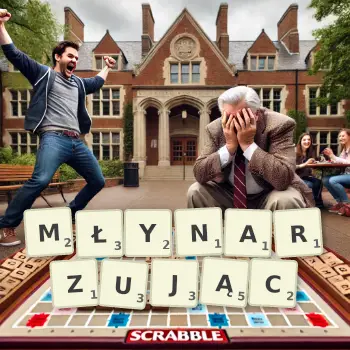 Kreatywna ilustracja do gry w Scrabble ze słowem MŁYNARZUJĄC ułożonym z płytek na planszy.