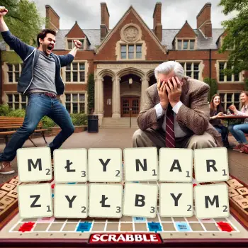 Kreatywna ilustracja do gry w Scrabble ze słowem MŁYNARZYŁBYM ułożonym z płytek na planszy.