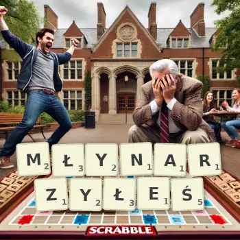 Kreatywna ilustracja do gry w Scrabble ze słowem MŁYNARZYŁEŚ ułożonym z płytek na planszy.
