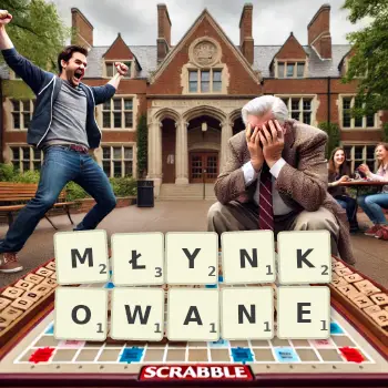 Kreatywna ilustracja do gry w Scrabble ze słowem MŁYNKOWANE ułożonym z płytek na planszy.