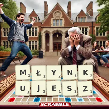 Kreatywna ilustracja do gry w Scrabble ze słowem MŁYNKUJESZ ułożonym z płytek na planszy.
