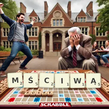 Kreatywna ilustracja do gry w Scrabble ze słowem MŚCIWĄ ułożonym z płytek na planszy.