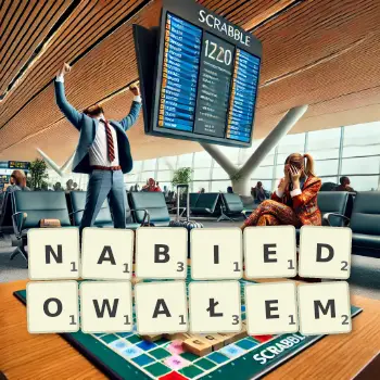 Kreatywna ilustracja do gry w Scrabble ze słowem NABIEDOWAŁEM ułożonym z płytek na planszy.