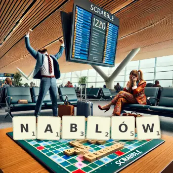 Kreatywna ilustracja do gry w Scrabble ze słowem NABLÓW ułożonym z płytek na planszy.