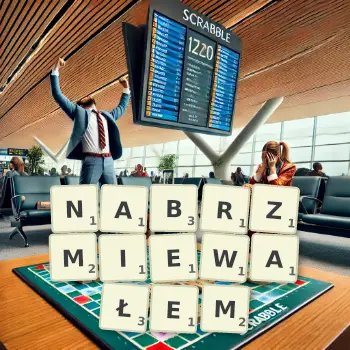 Kreatywna ilustracja do gry w Scrabble ze słowem NABRZMIEWAŁEM ułożonym z płytek na planszy.