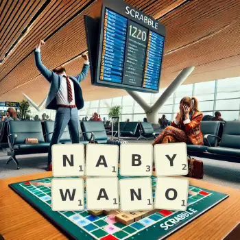 Kreatywna ilustracja do gry w Scrabble ze słowem NABYWANO ułożonym z płytek na planszy.